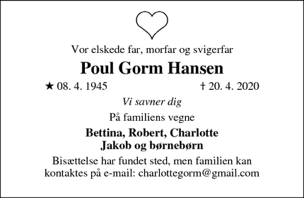 Dødsannoncen for Poul Gorm Hansen - Munke Bjergby 