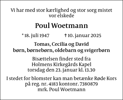 Dødsannoncen for Poul Woetmann - København K