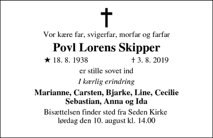 Dødsannoncen for Povl Lorens Skipper - Odense