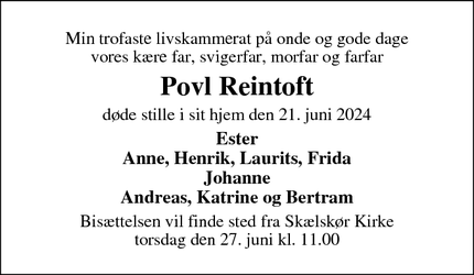 Dødsannoncen for Povl Reintoft - skælskør