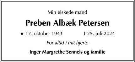 Dødsannoncen for Preben Albæk Petersen - Fredensborg