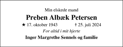 Dødsannoncen for Preben Albæk Petersen - Fredensborg