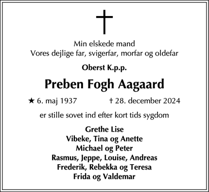 Dødsannoncen for Preben Fogh Aagaard - Birkerød