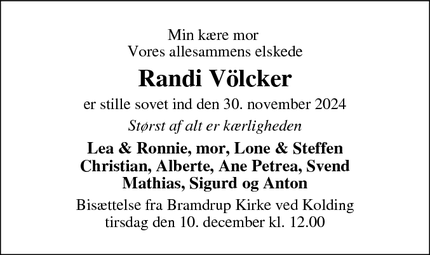 Dødsannoncen for Randi Völcker - Kolding