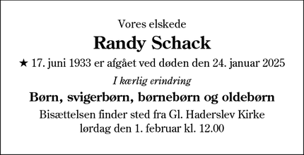 Dødsannoncen for Randy Schack - Haderslev