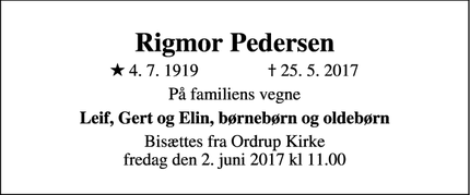 Dødsannoncen for Rigmor Pedersen - Risskov