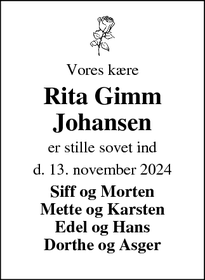 Dødsannoncen for Rita Gimm
Johansen - Ringkøbing