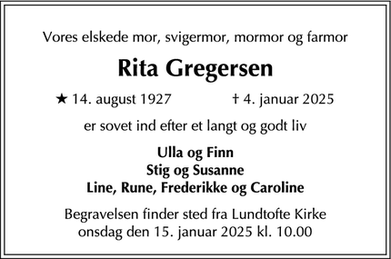 Dødsannoncen for Rita Gregersen - 1357 København K