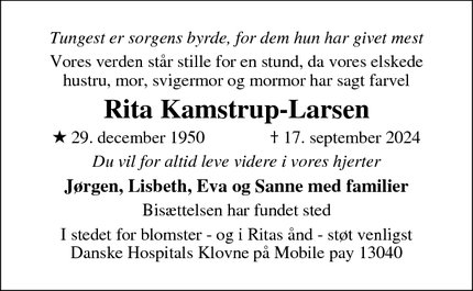 Dødsannoncen for Rita Kamstrup-Larsen - Allerød