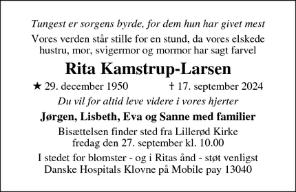 Dødsannoncen for Rita Kamstrup-Larsen - Allerød