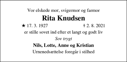 Dødsannoncen for Rita Knudsen - Roskilde