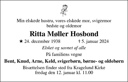 Dødsannoncen for Ritta Møller Hosbond - Ry