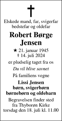 Dødsannoncen for Robert Børge
Jensen - Thyborøn