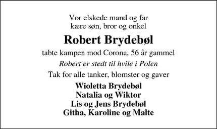 Dødsannoncen for Robert Brydebøl - Højer