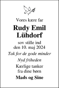 Dødsannoncen for Rudy Emil
Lühdorf - Kolding