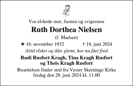 Dødsannoncen for Ruth Dorthea Nielsen - Vester skerninge