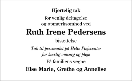 Taksigelsen for Ruth Irene Pedersen - Tofterup, 7200 Grindsted 