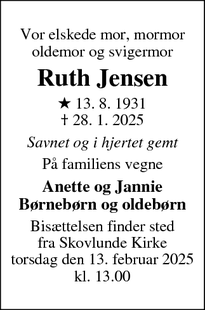 Dødsannoncen for Ruth Jensen - Skovlunde