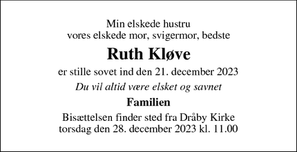 Dødsannoncen for Ruth Kløve - Jægerspris