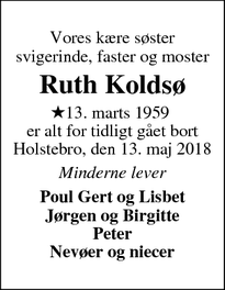 Dødsannoncen for Ruth Koldsø - Holstebro