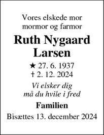 Dødsannoncen for Ruth Nygaard Larsen - Gladsaxe/søborg