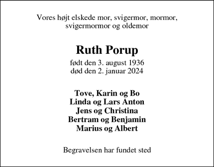 Dødsannoncen for Ruth Porup - Valby