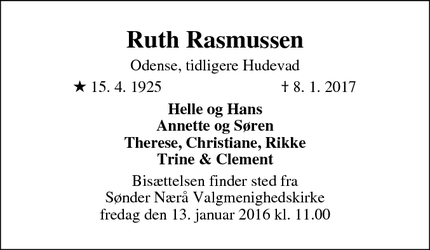 Dødsannoncen for Ruth Rasmussen - Odense