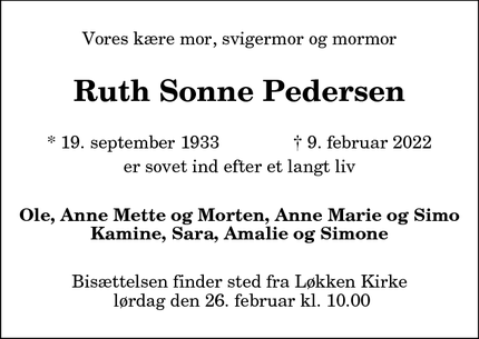 Dødsannoncen for Ruth Sonne Pedersen - Aalborg