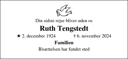 Dødsannoncen for Ruth Tengstedt - Vordingborg