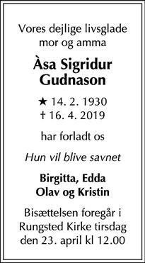 Dødsannoncen for Àsa Sigridur Gudnason - Hørsholm