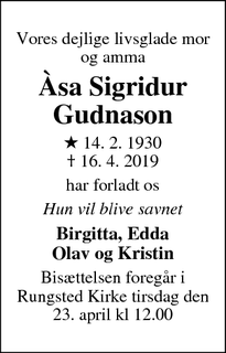 Dødsannoncen for Àsa Sigridur Gudnason - Hørsholm