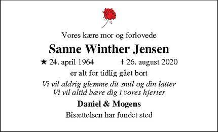 Dødsannoncen for Sanne Winther Jensen - Ølstykke