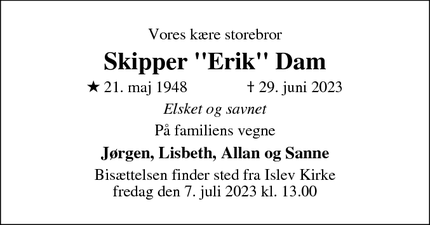 Dødsannoncen for Skipper "Erik" Dam - Rødovre