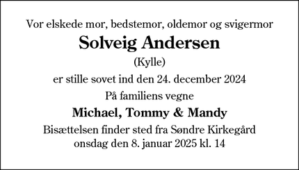 Dødsannoncen for Solveig Andersen - Kolding