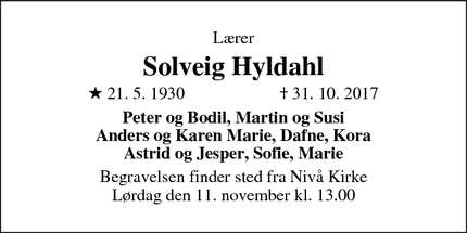 Dødsannoncen for Solveig Hyldahl - Nivå