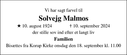 Dødsannoncen for Solvejg Malmos - odense sø