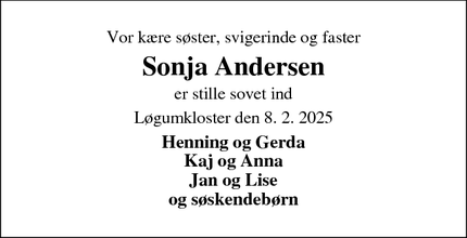 Dødsannoncen for Sonja Andersen - Løgumkloster