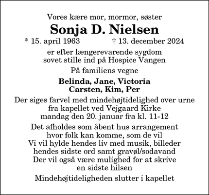 Dødsannoncen for Sonja D. Nielsen - Ulsted