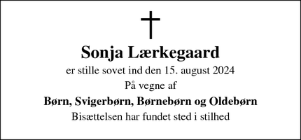 Dødsannoncen for Sonja Lærkegaard - Svendborg