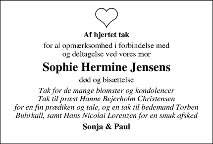 Taksigelsen for Sophie Hermine Jensen - Gråsten