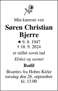 Dødsannoncen for Søren Christian
Bjerre - Skødstrup