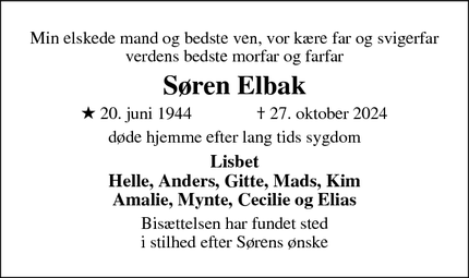 Dødsannoncen for Søren Elbak - København S