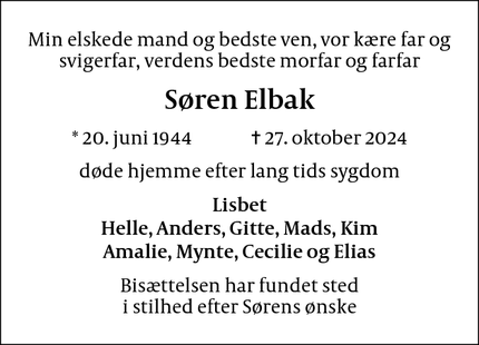 Dødsannoncen for Søren Elbak - København S