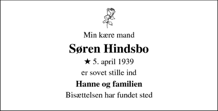 Dødsannoncen for Søren Hindsbo - 3360