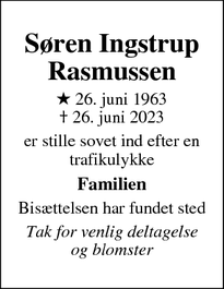 Dødsannoncen for Søren Ingstrup
Rasmussen - Kværndrup