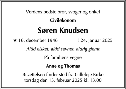 Dødsannoncen for Søren Knudsen - Gilleleje