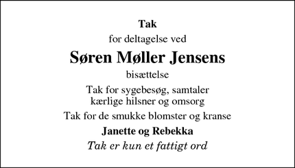 Dødsannoncen for Søren Møller Jensens - Framlev