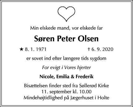 Dødsannoncen for Søren Peter Olsen - Holte