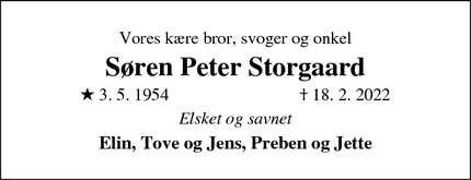 Dødsannoncen for Søren Peter Storgaard - Varde