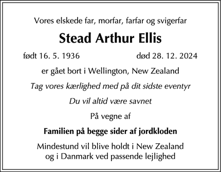 Dødsannoncen for Stead Arthur Ellis - Wellington og Gilleleje